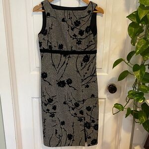 Wool silk blend midi dress with floral velvet burnout black gray sleeveless